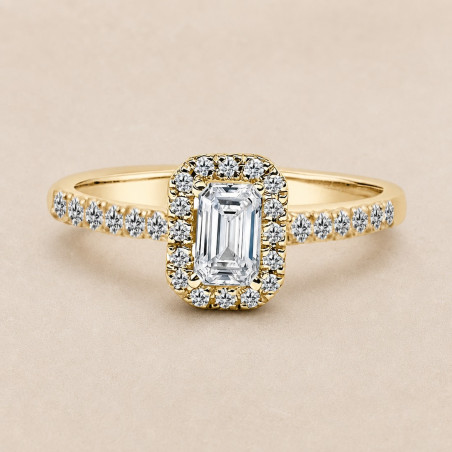 Solitario oro amarillo halo de talla esmeralda · diamante natural 0,50 ct | Joyería Bellido