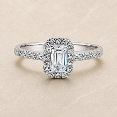 Solitario oro blanco halo de talla esmeralda · diamante natural 0,50 ct | Joyería Bellido