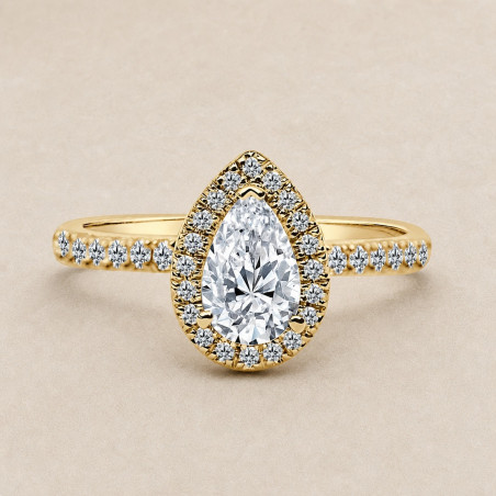 Solitario oro amarillo halo de talla pera · diamante natural 0,70 ct | Joyería Bellido