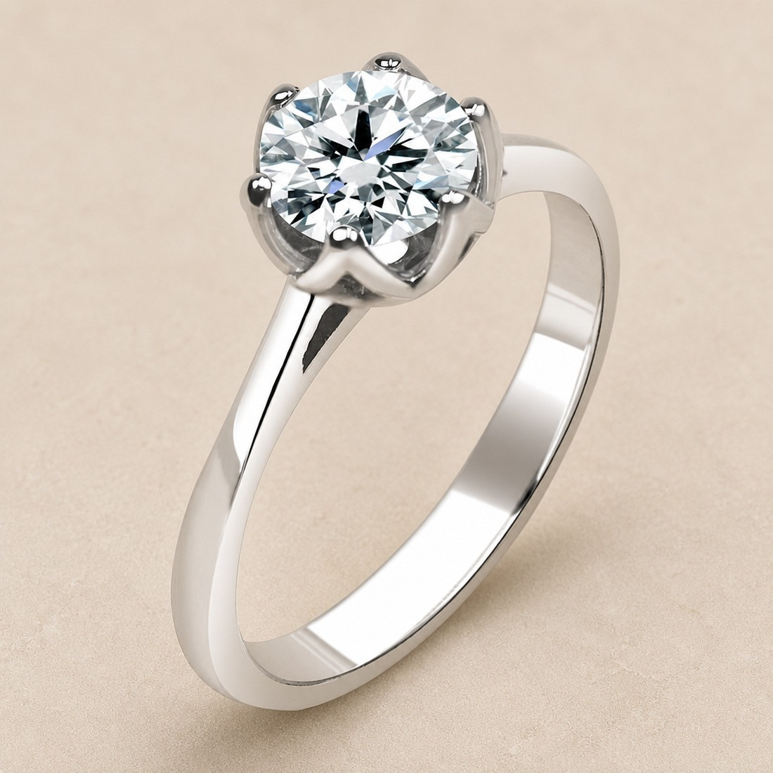 Solitario oro blanco de seis garras · vista en tres cuartos, diamante natural 1,00 ct | Joyería Bellido