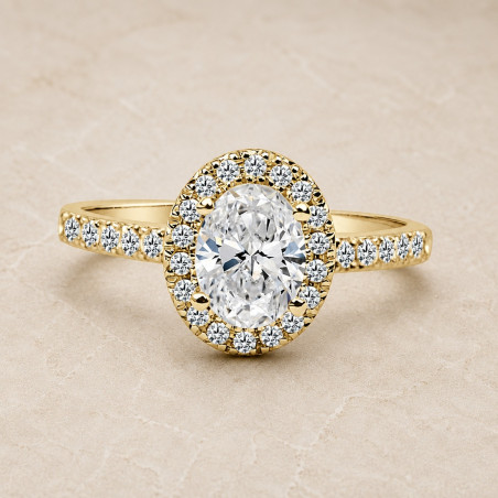 Solitario oro amarillo halo de talla oval · diamante natural 1,00 ct | Joyería Bellido
