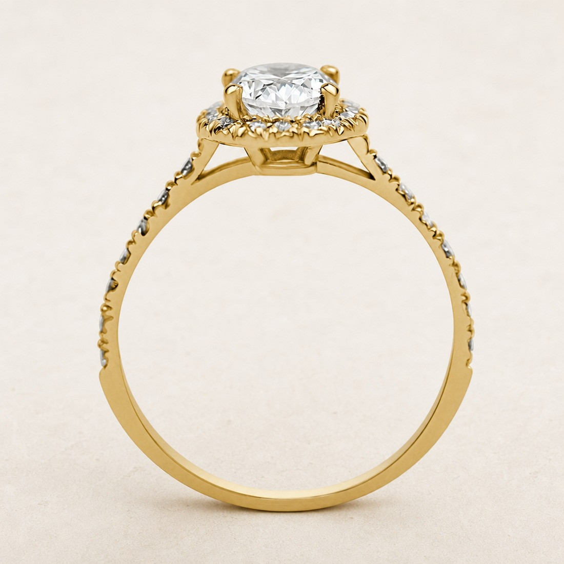 Solitario oro amarillo halo de talla oval · perfil del engaste, diamante natural 1,00 ct | Joyería Bellido