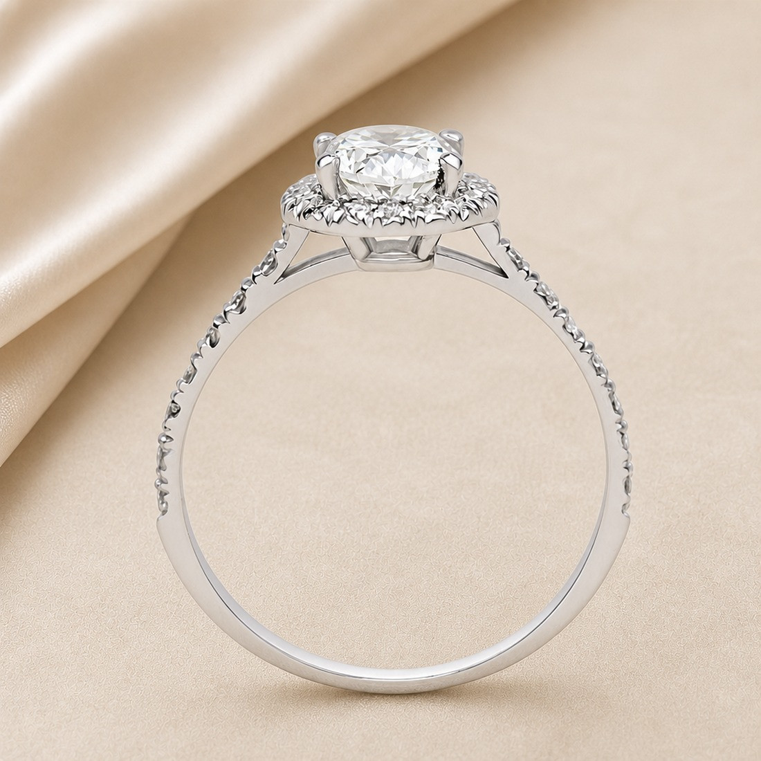 Solitario oro blanco halo de talla oval · perfil del engaste, diamante natural 1,00 ct | Joyería Bellido